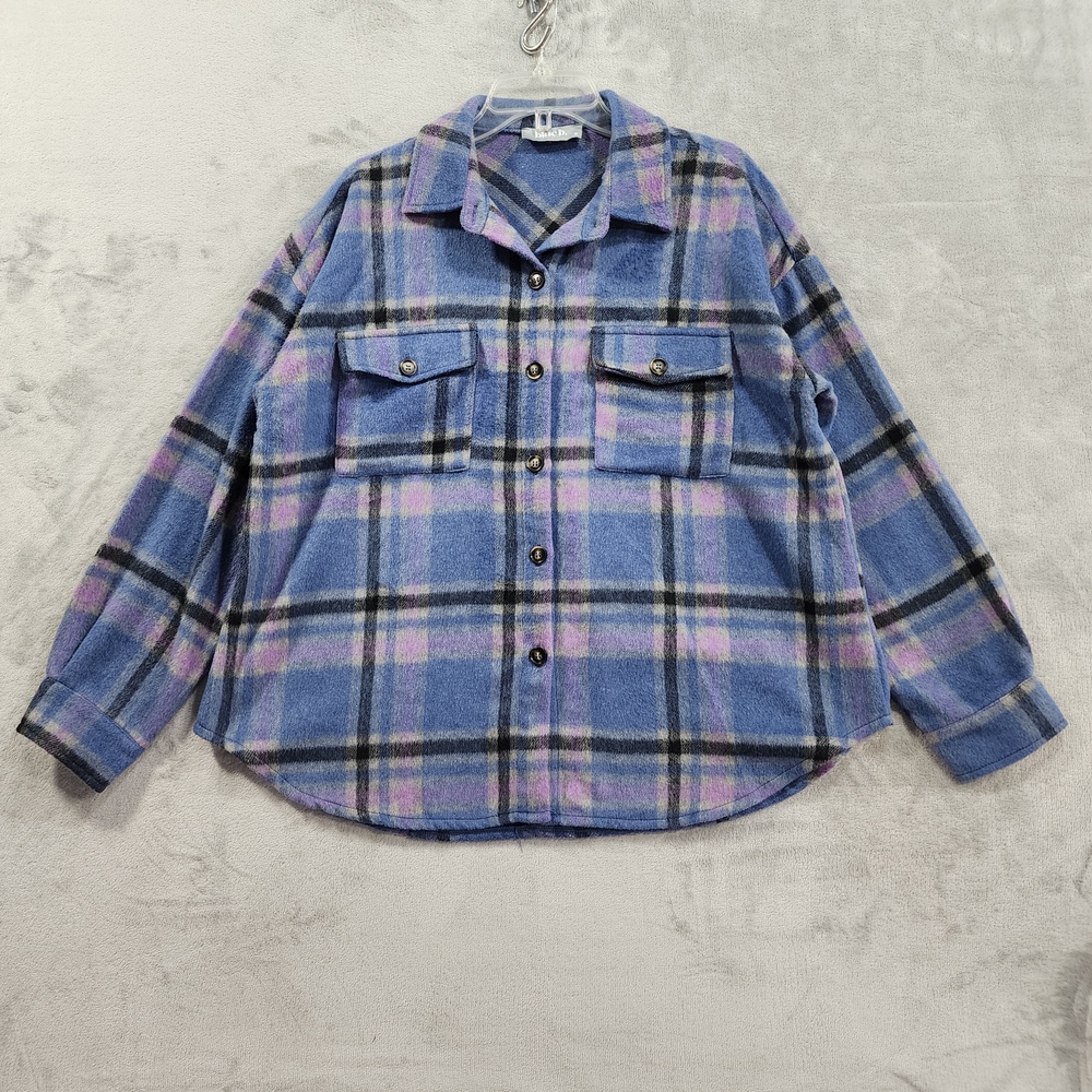 Blue B. Jacket Womens M Blue Purple Plaid Flannel Button Front Shacket Casual